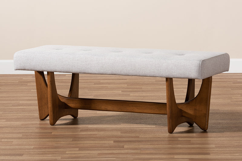 Baxton Studio Theo Mid-Century Modern Greyish Beige Fabric Upholstered Walnut Finished Bench