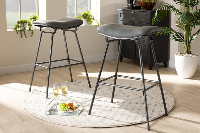 Baxton Studio Jette Modern and Contemporary Grey Fabric Upholstered Dark Grey Metal 2-Piece Bar Stool Set