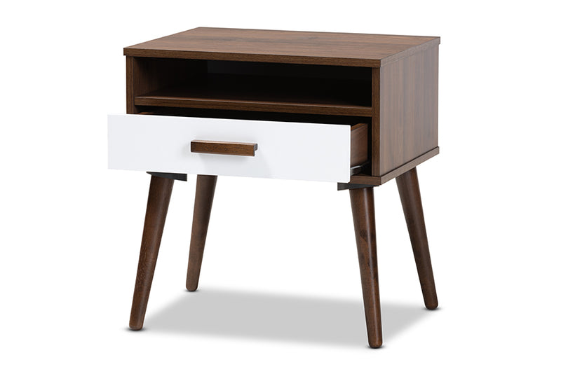 Baxton Studio Quinn Mid-Century Modern Two-Tone White and Walnut Finished 1-Drawer Wood End Table