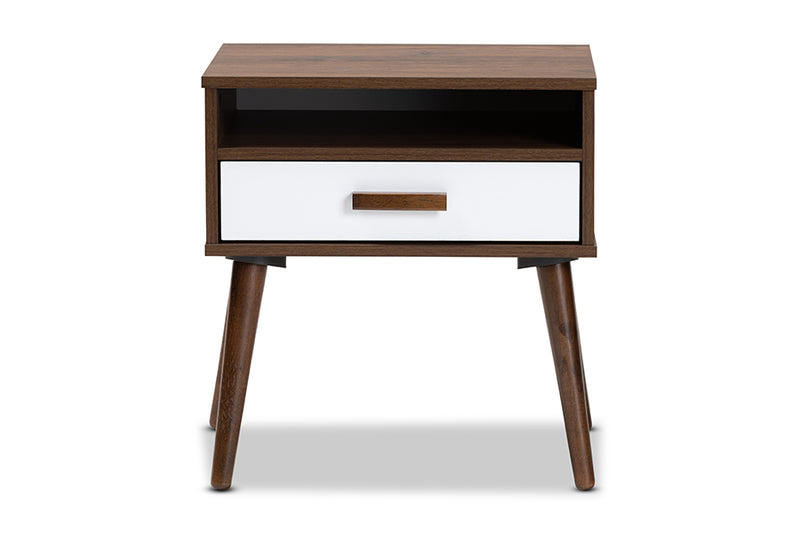 Baxton Studio Quinn Mid-Century Modern Two-Tone White and Walnut Finished 1-Drawer Wood End Table