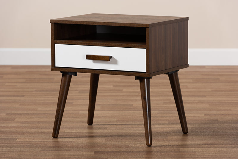 Baxton Studio Quinn Mid-Century Modern Two-Tone White and Walnut Finished 1-Drawer Wood End Table