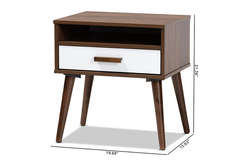 Baxton Studio Quinn Mid-Century Modern Two-Tone White and Walnut Finished 1-Drawer Wood End Table