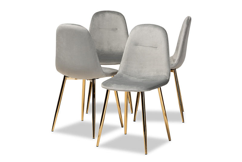 Baxton Studio Elyse Glam and Luxe Grey Velvet Fabric Upholstered Gold Finished 4-Piece Metal Dining Chair Set