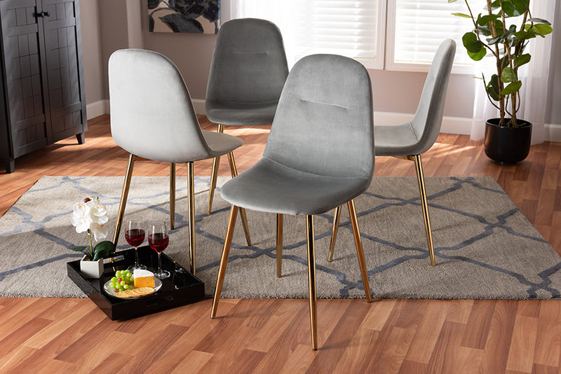 Baxton Studio Elyse Glam and Luxe Grey Velvet Fabric Upholstered Gold Finished 4-Piece Metal Dining Chair Set