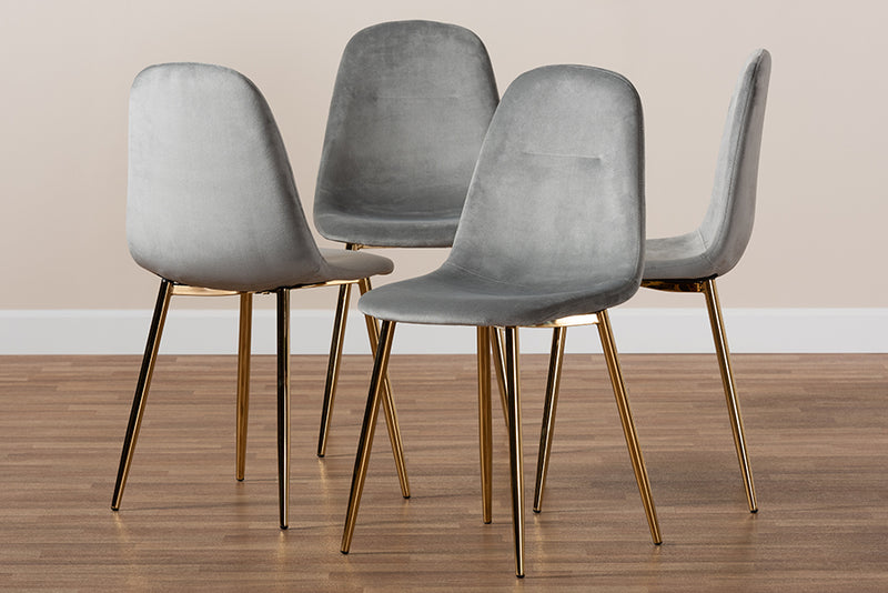Baxton Studio Elyse Glam and Luxe Grey Velvet Fabric Upholstered Gold Finished 4-Piece Metal Dining Chair Set