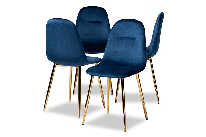 Baxton Studio Elyse Glam and Luxe Navy Blue Velvet Fabric Upholstered Gold Finished 4-Piece Metal Dining Chair Set