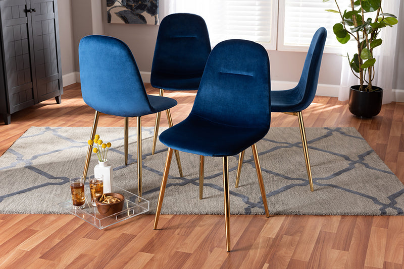 Baxton Studio Elyse Glam and Luxe Navy Blue Velvet Fabric Upholstered Gold Finished 4-Piece Metal Dining Chair Set