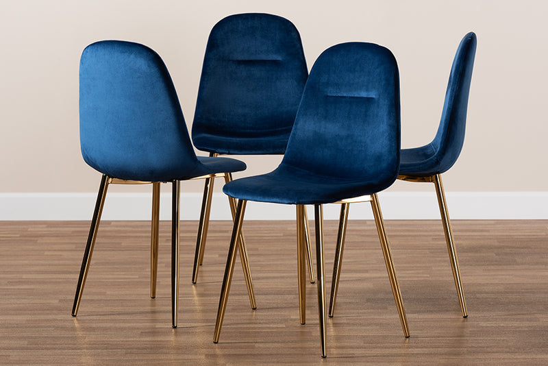 Baxton Studio Elyse Glam and Luxe Navy Blue Velvet Fabric Upholstered Gold Finished 4-Piece Metal Dining Chair Set
