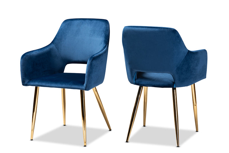 Baxton Studio Germaine Glam and Luxe Navy Blue Velvet Fabric Upholstered Gold Finished 2-Piece Metal Dining Chair Set
