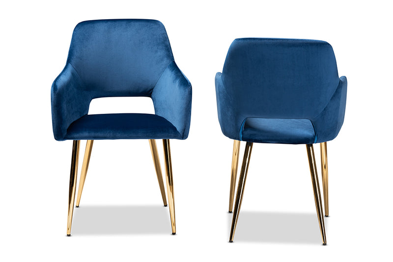 Baxton Studio Germaine Glam and Luxe Navy Blue Velvet Fabric Upholstered Gold Finished 2-Piece Metal Dining Chair Set