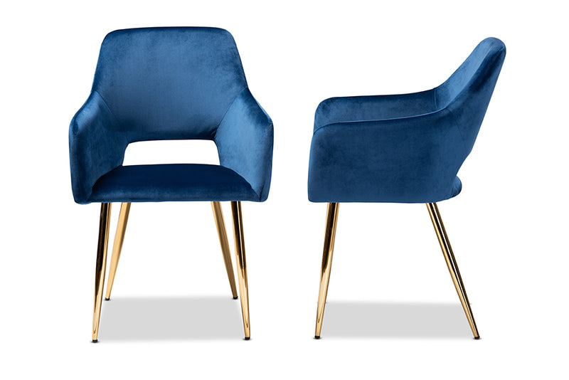 Baxton Studio Germaine Glam and Luxe Navy Blue Velvet Fabric Upholstered Gold Finished 2-Piece Metal Dining Chair Set