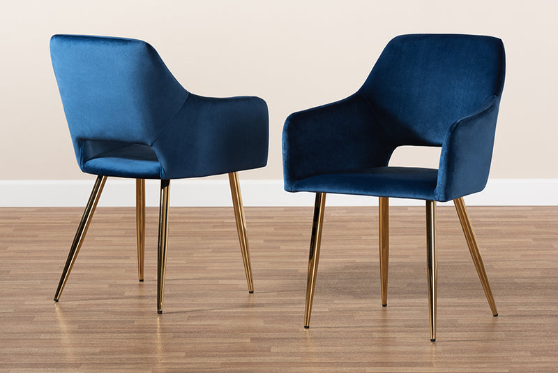 Baxton Studio Germaine Glam and Luxe Navy Blue Velvet Fabric Upholstered Gold Finished 2-Piece Metal Dining Chair Set