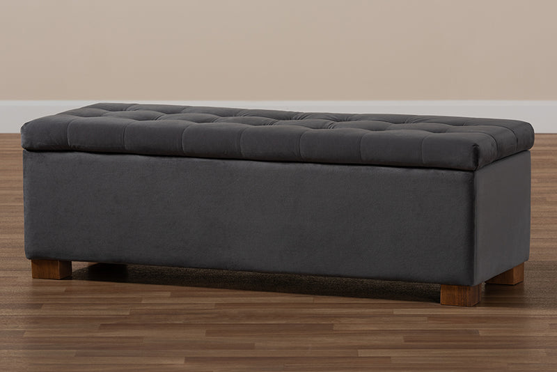 Baxton Studio Roanoke Modern and Contemporary Grey Velvet Fabric Upholstered Grid-Tufted Storage Ottoman Bench