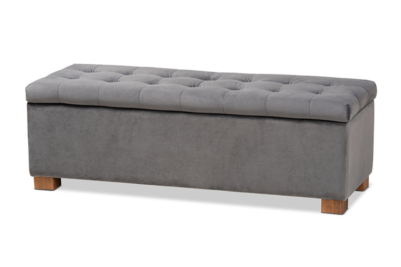 Baxton Studio Roanoke Modern and Contemporary Grey Velvet Fabric Upholstered Grid-Tufted Storage Ottoman Bench