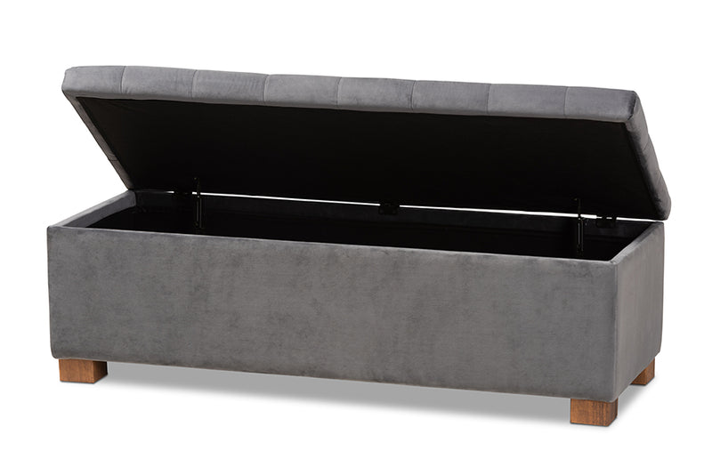 Baxton Studio Roanoke Modern and Contemporary Grey Velvet Fabric Upholstered Grid-Tufted Storage Ottoman Bench