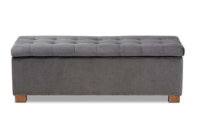 Baxton Studio Roanoke Modern and Contemporary Grey Velvet Fabric Upholstered Grid-Tufted Storage Ottoman Bench