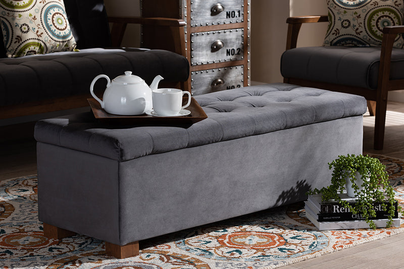Baxton Studio Roanoke Modern and Contemporary Grey Velvet Fabric Upholstered Grid-Tufted Storage Ottoman Bench