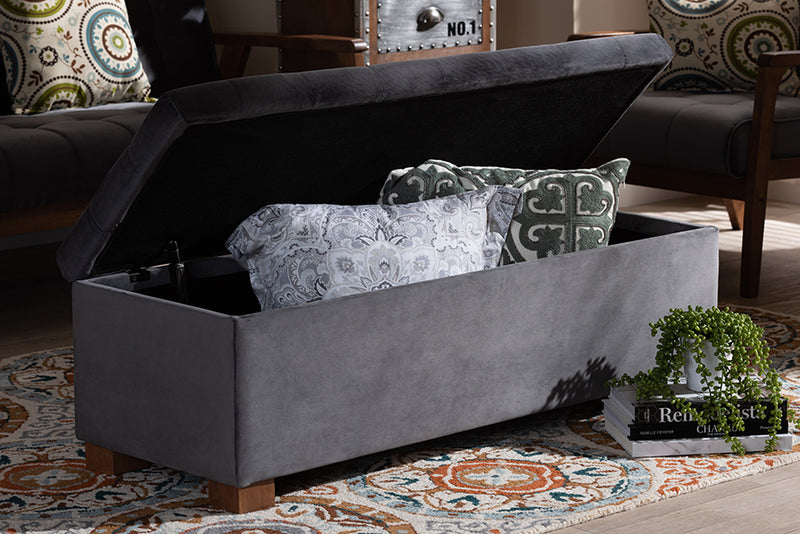 Baxton Studio Roanoke Modern and Contemporary Grey Velvet Fabric Upholstered Grid-Tufted Storage Ottoman Bench