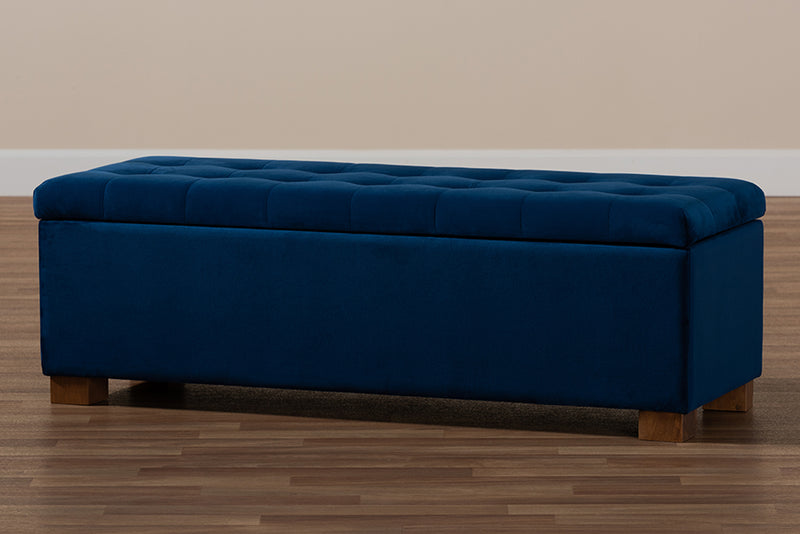 Baxton Studio Roanoke Modern and Contemporary Navy Blue Velvet Fabric Upholstered Grid-Tufted Storage Ottoman Bench