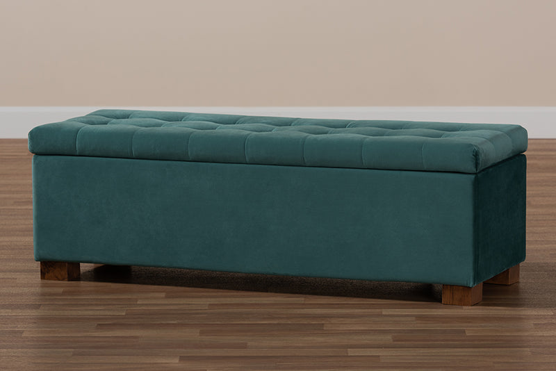 Baxton Studio Roanoke Modern and Contemporary Teal Blue Velvet Fabric Upholstered Grid-Tufted Storage Ottoman Bench