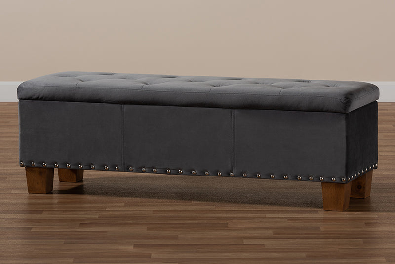 Baxton Studio Hannah Modern and Contemporary Grey Velvet Fabric Upholstered Button-Tufted Storage Ottoman Bench