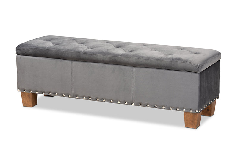 Baxton Studio Hannah Modern and Contemporary Grey Velvet Fabric Upholstered Button-Tufted Storage Ottoman Bench