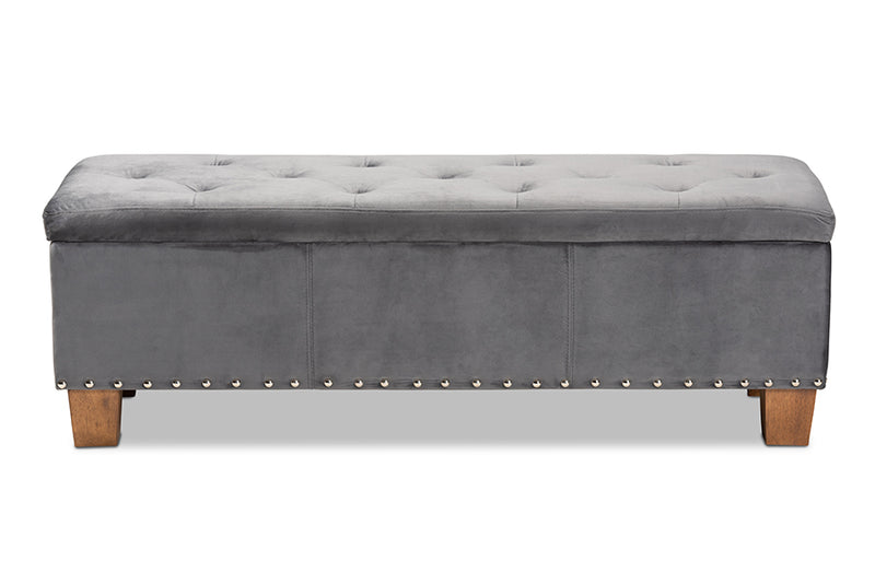 Baxton Studio Hannah Modern and Contemporary Grey Velvet Fabric Upholstered Button-Tufted Storage Ottoman Bench