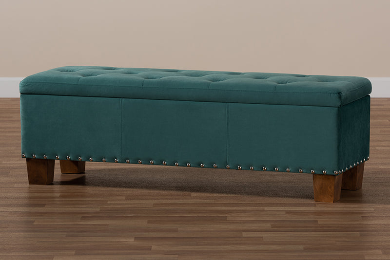 Baxton Studio Hannah Modern and Contemporary Teal Blue Velvet Fabric Upholstered Button-Tufted Storage Ottoman Bench