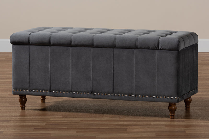 Baxton Studio Kaylee Modern and Contemporary Grey Velvet Fabric Upholstered Button-Tufted Storage Ottoman Bench