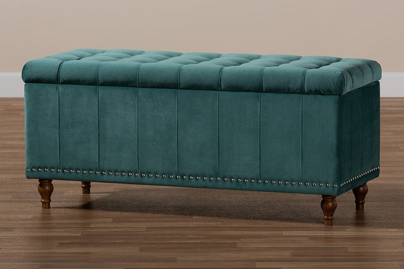 Baxton Studio Kaylee Modern and Contemporary Teal Blue Velvet Fabric Upholstered Button-Tufted Storage Ottoman Bench