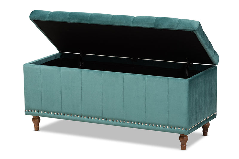 Baxton Studio Kaylee Modern and Contemporary Teal Blue Velvet Fabric Upholstered Button-Tufted Storage Ottoman Bench