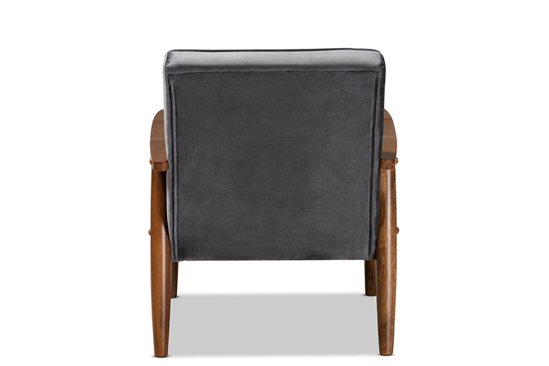 Baxton Studio Sorrento Mid-century Modern Grey Velvet Fabric Upholstered Walnut Finished Wooden Lounge Chair