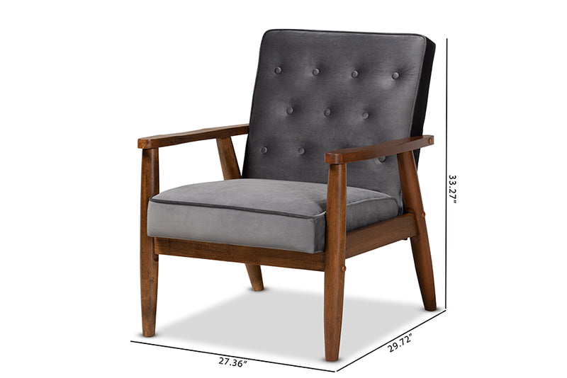 Baxton Studio Sorrento Mid-century Modern Grey Velvet Fabric Upholstered Walnut Finished Wooden Lounge Chair