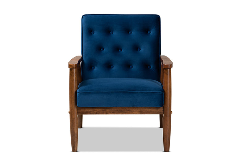 Baxton Studio Sorrento Mid-century Modern Navy Blue Velvet Fabric Upholstered Walnut Finished Wooden Lounge Chair