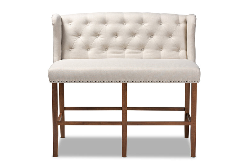 Baxton Studio Alira Modern and Contemporary Beige Fabric Upholstered Walnut Finished Wood Button Tufted Bar Stool Bench