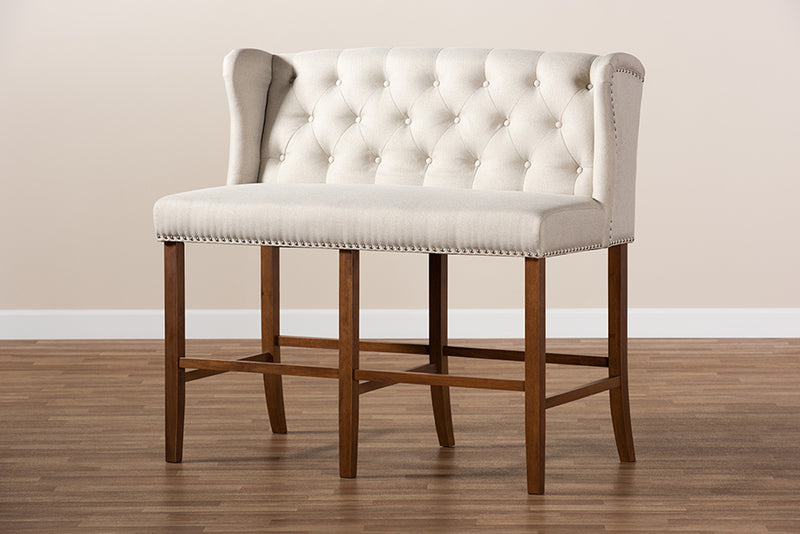 Baxton Studio Alira Modern and Contemporary Beige Fabric Upholstered Walnut Finished Wood Button Tufted Bar Stool Bench