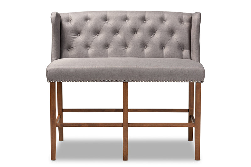 Baxton Studio Alira Modern and Contemporary Grey Fabric Upholstered Walnut Finished Wood Button Tufted Bar Stool Bench