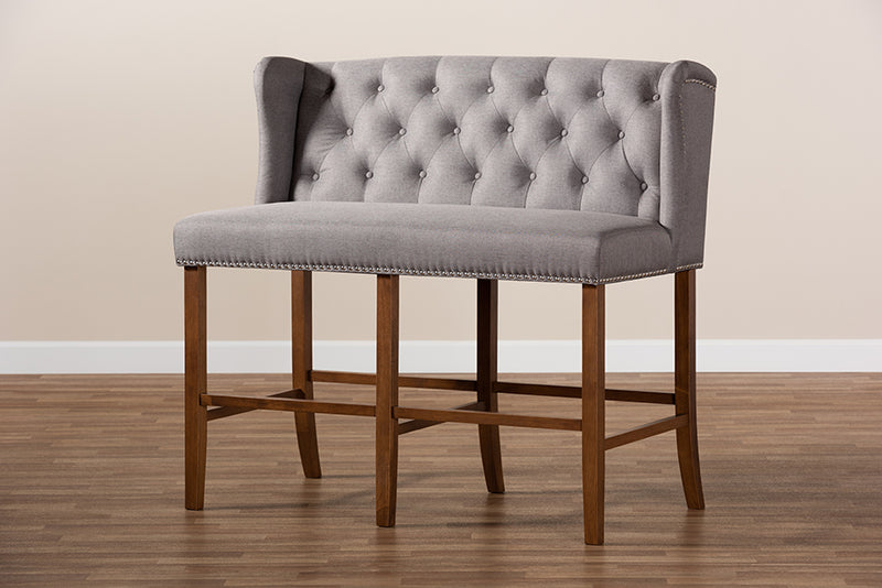 Baxton Studio Alira Modern and Contemporary Grey Fabric Upholstered Walnut Finished Wood Button Tufted Bar Stool Bench
