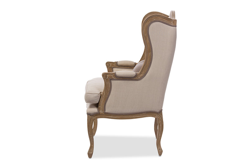 Baxton Studio Oreille French Provincial Style White Wash Distressed Two-tone Beige Upholstered Armchair