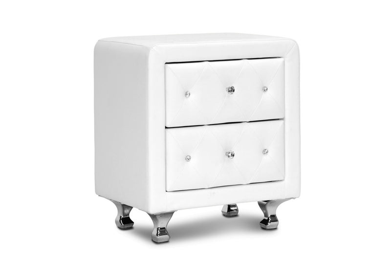Baxton Studio Stella Crystal Tufted White Upholstered Modern Nightstand