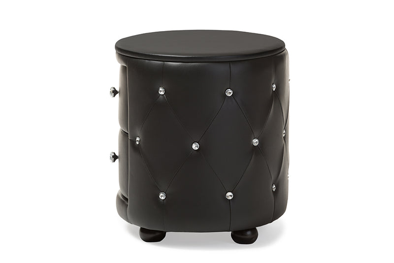 Baxton Studio Davina Hollywood Glamour Style Oval 2-drawer Black Faux Leather Upholstered Nightstand