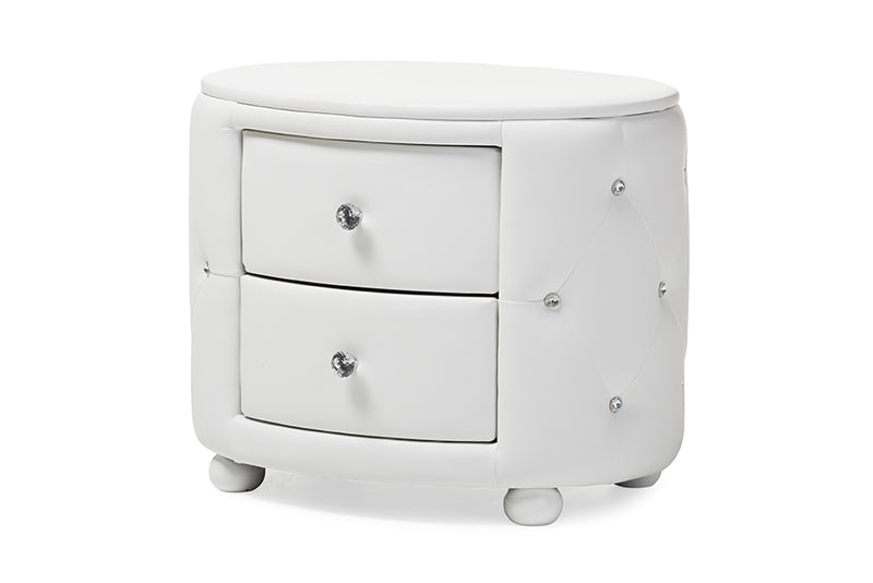 Baxton Studio Davina Hollywood Glamour Style Oval 2-drawer White Faux Leather Upholstered Nightstand