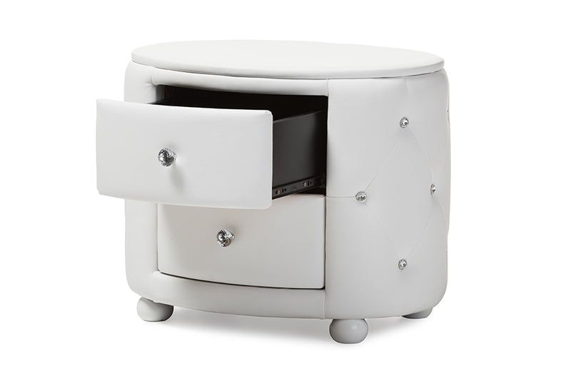 Baxton Studio Davina Hollywood Glamour Style Oval 2-drawer White Faux Leather Upholstered Nightstand
