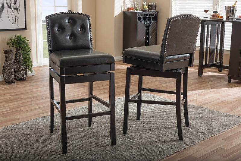 Baxton Studio Ginaro Modern and Contemporary Dark Brown Faux Leather Button-tufted Upholstered Swivel Bar Stool (Set of 2)