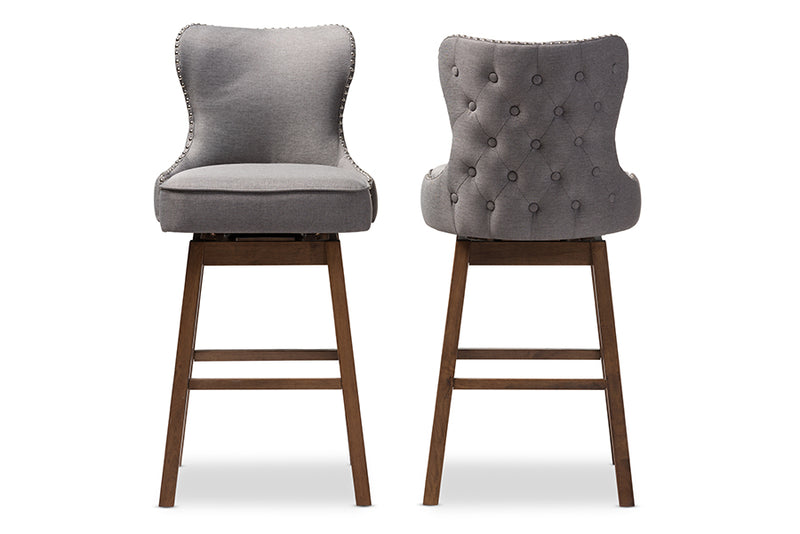 Baxton Studio Gradisca Modern and Contemporary Brown Wood Finishing and Grey Fabric Button-Tufted Upholstered Swivel Barstool