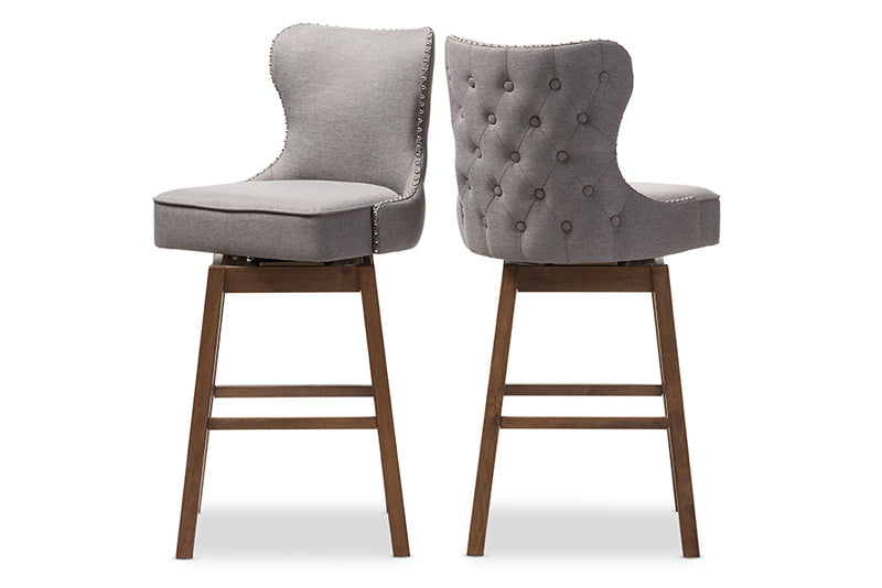 Baxton Studio Gradisca Modern and Contemporary Brown Wood Finishing and Grey Fabric Button-Tufted Upholstered Swivel Barstool