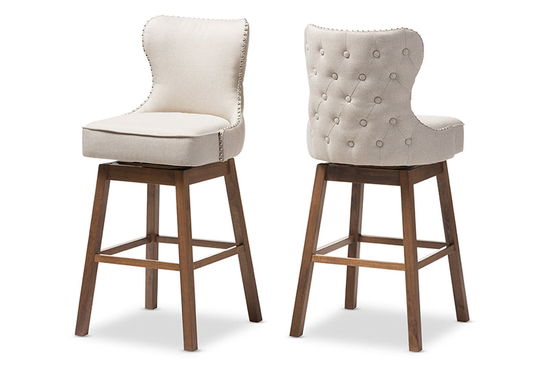 Baxton Studio Gradisca Modern and Contemporary Brown Wood Finishing and Light Beige Fabric Button-Tufted Upholstered Swivel Barstool