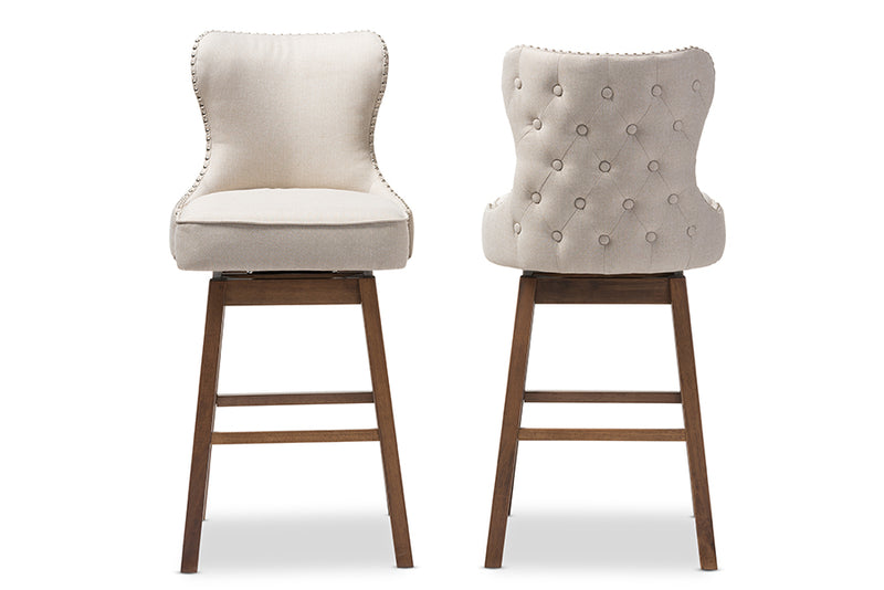 Baxton Studio Gradisca Modern and Contemporary Brown Wood Finishing and Light Beige Fabric Button-Tufted Upholstered Swivel Barstool