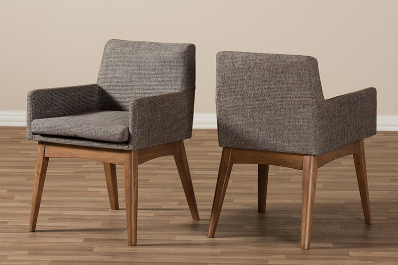 Baxton Studio Nexus Mid-Century Modern Walnut Wood Finishing and Gravel Fabric Upholstered Arm Chair (Set of 2)