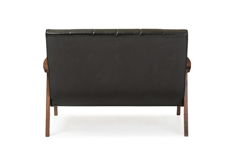 Baxton Studio Nikko Mid-century Modern Scandinavian Style Black Faux Leather Wooden 2-Seater Loveseat